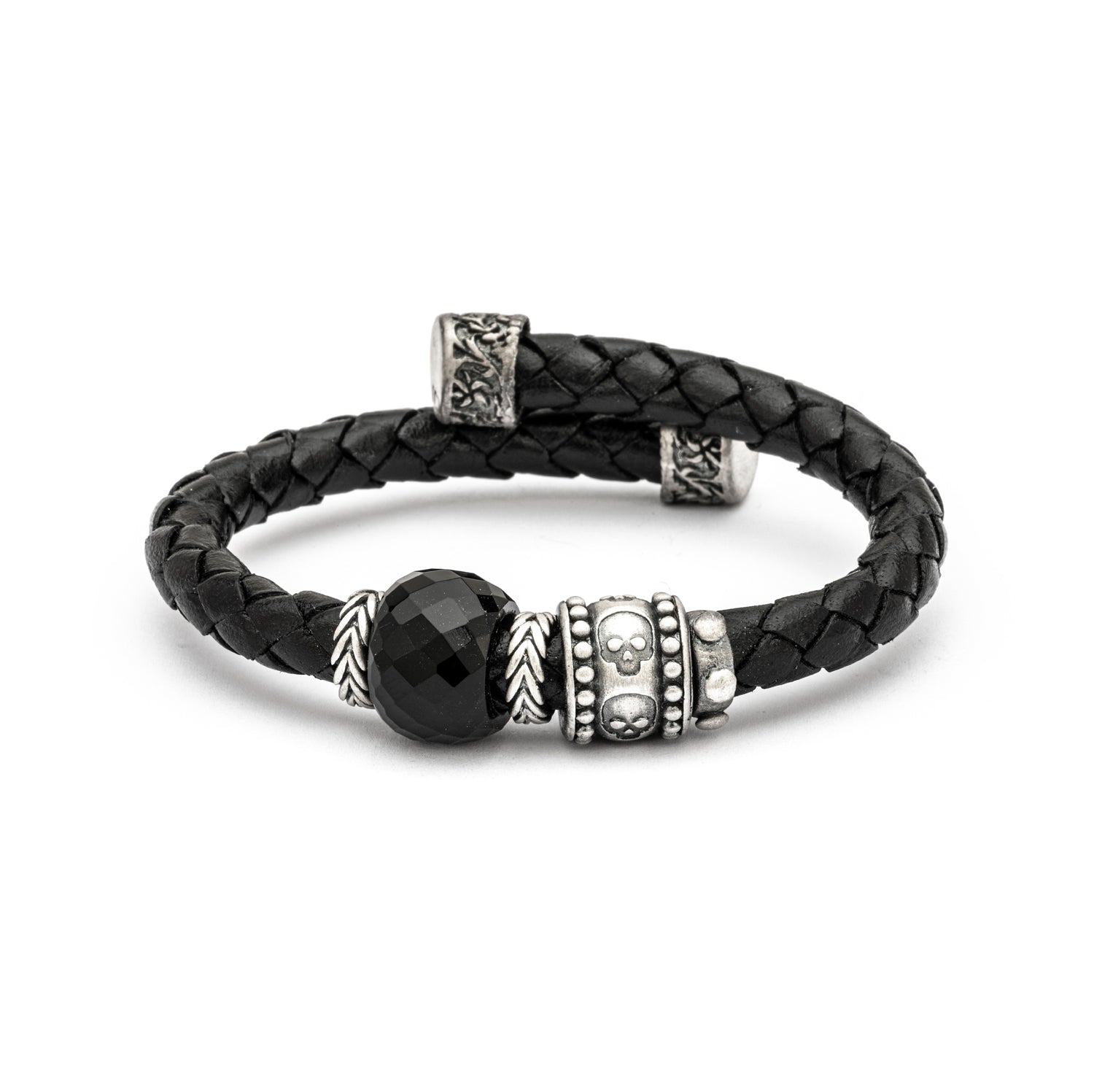 Pulsera cuero negro plata calavera