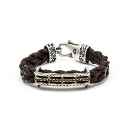 TREN-17 PULSERA CUERO PLATA CIRCONITAS CAVA, BROWN