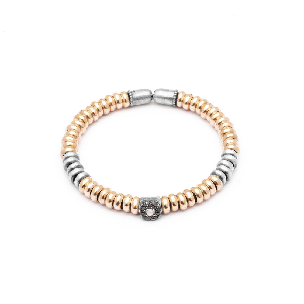 AN-63 PULSERA PLATA Y ORO ROSA, OJO DE GATO ROSA Y CIRCONITA BROWN.