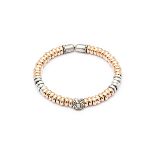 AN-64 PULSERA PLATA Y ORO ROSA, CALCEDONIA VERDE Y CIRCONITA CAVA.