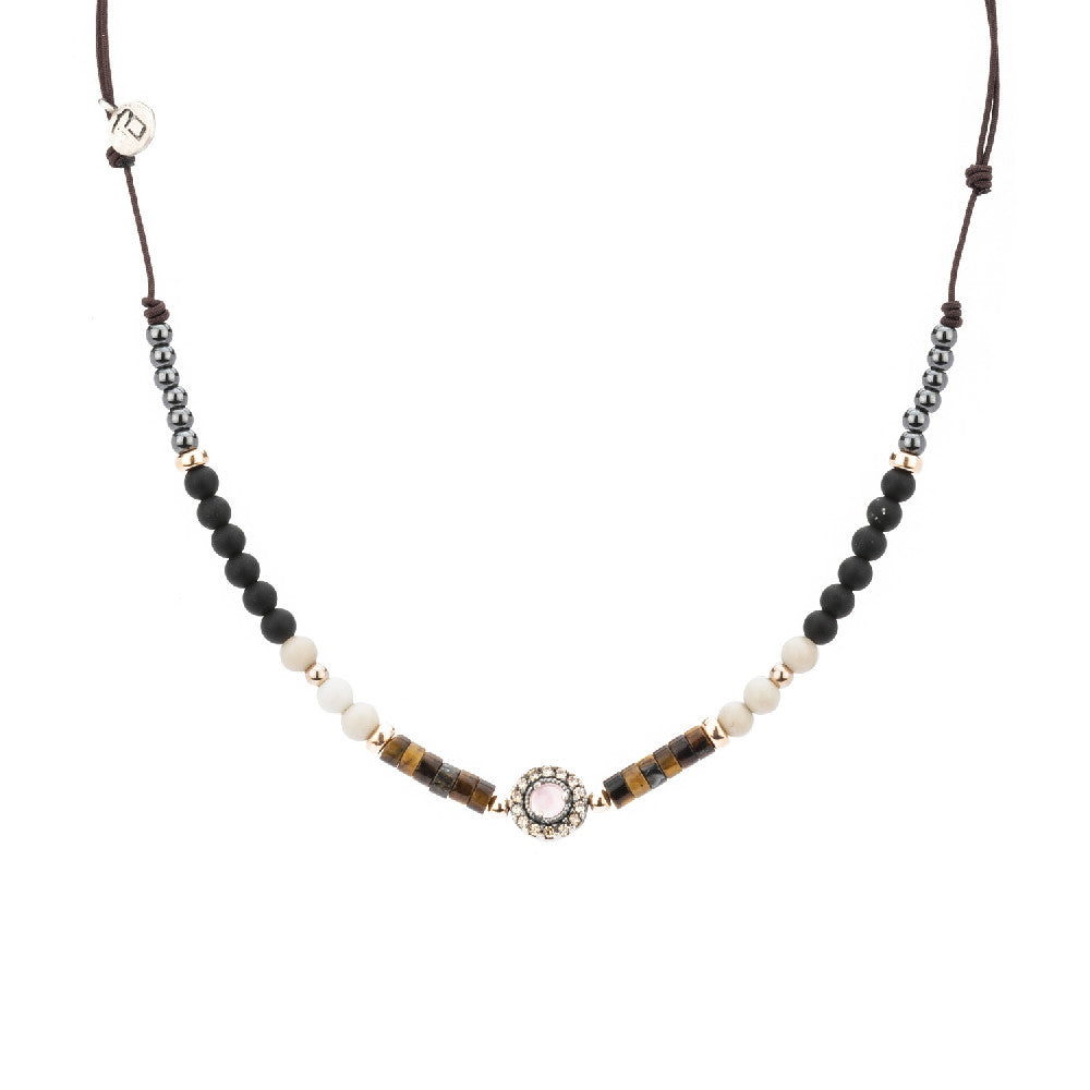 C707 COLGANTE PLATA MACRAMÉ CUARZO ROSA, CIRCONITA CAVA, OJO DE TIGRE, HEMATITES Y OBSIDIANA