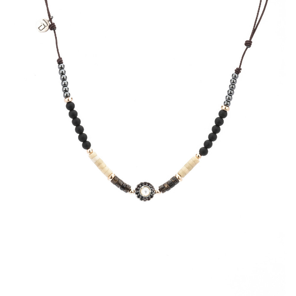 C708 COLGANTE PLATA MACRAMÉ NÁCAR, CIRCONITA BROWN, OJO DE HALCÓN, OBSIDIANA, HEMATITES