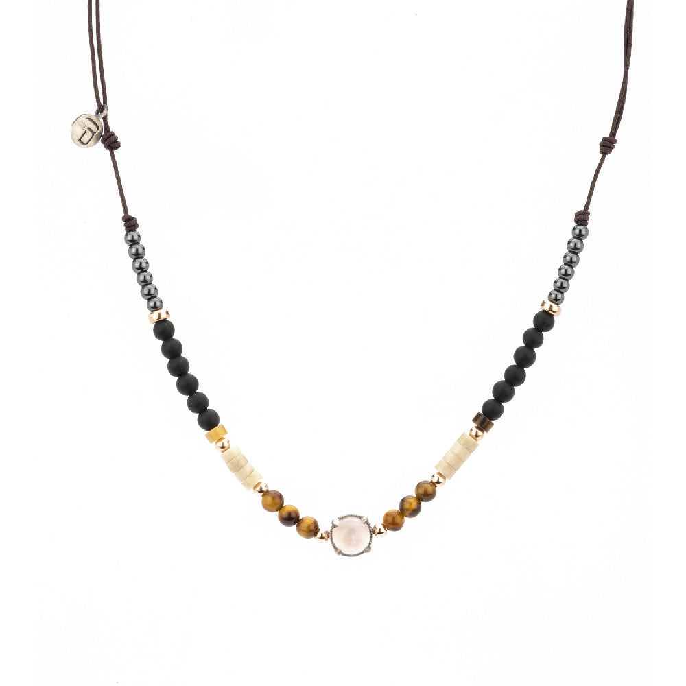 C711 COLGANTE PLATA MACRAMÉ CUARZO ROSA, OJO DE TIGRE, HEMATITES Y OBSIDIANA