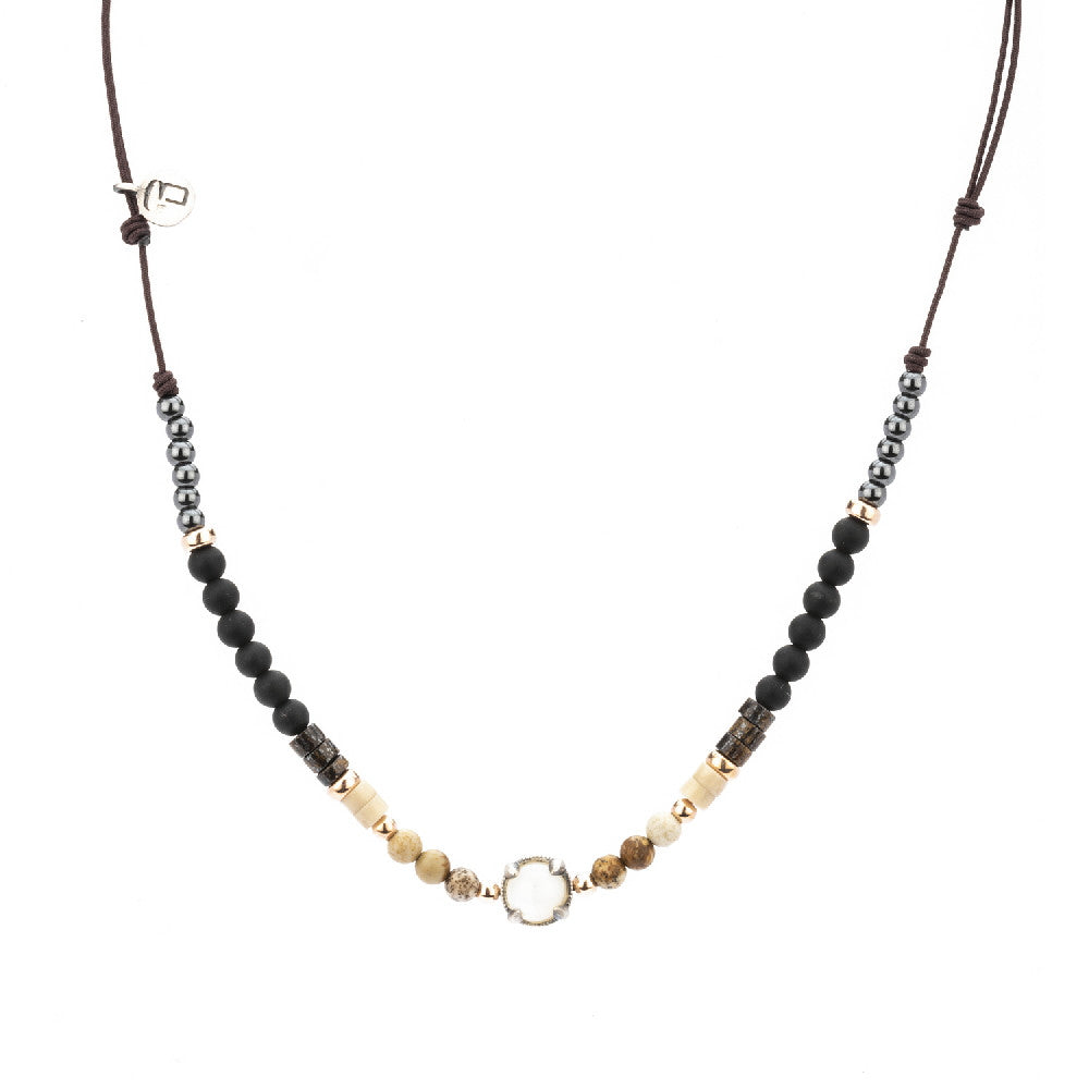 C712 COLGANTE PLATA MACRAMÉ NÁCAR, JASPE, OBSIDIANA, HEMATITES