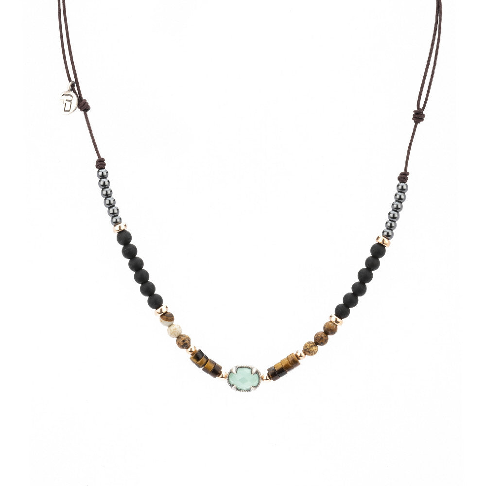C713 SILVER MACRAME PENDANT WITH CHALCEDONY, JASPER, TIGER'S EYE, OBSIDIAN, AND HEMATITE