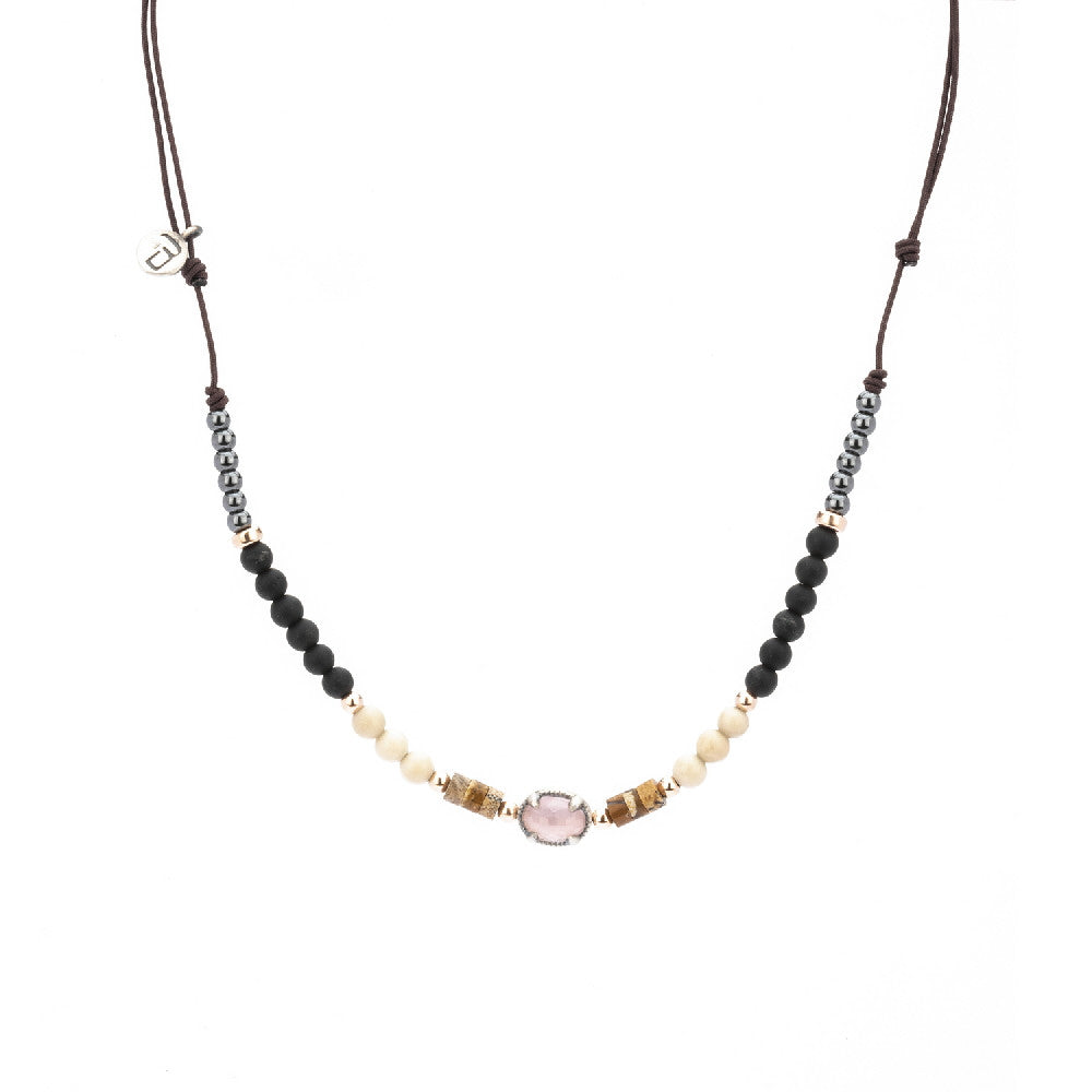 C714 COLGANTE PLATA MACRAMÉ OJO DE GATO ROSA, JASPE, HEMATITES Y OBSIDIANA