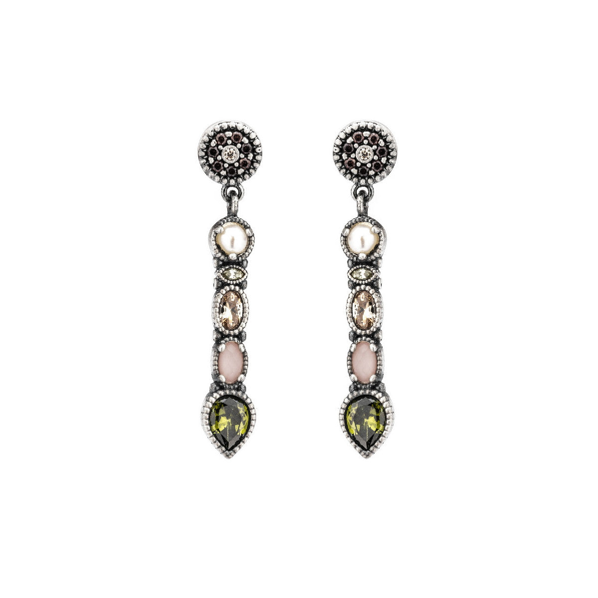 CR-38 PENDIENTES PLATA PERLA DE RÍO, OJO DE GATO ROSA Y CIRCONITAS.