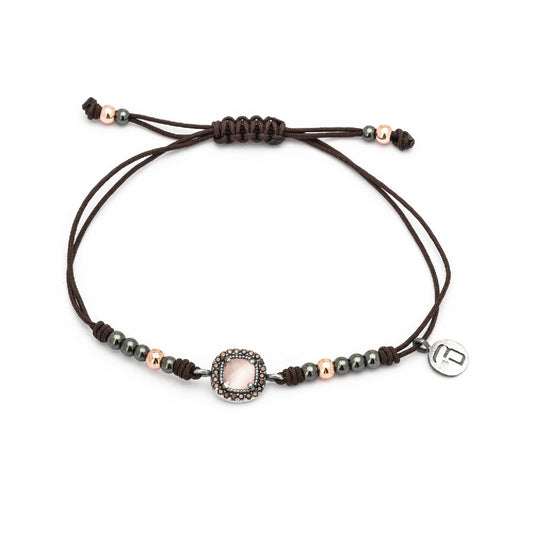 MA-226 PULSERA PLATA MACRAMÉ OJO DE GATO ROSA Y CIRCONITA BROWN.