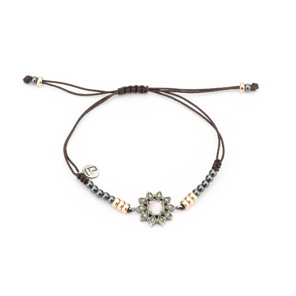 MA-289 PULSERA PLATA MACRAMÉ OJO DE GATO ROSA, CIRCONITA VERDE