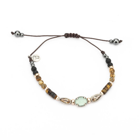 MA-318 PULSERA PLATA MACRAMÉ CALCEDONIA, CIRCONITA CAVA, OJO DE TIGRE, HEMATITES Y OBSIDIANA