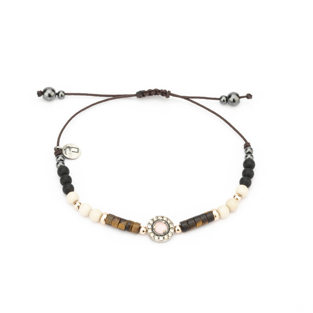 MA-321 PULSERA PLATA MACRAMÉ CUARZO ROSA, CIRCONITA CAVA, OJO DE TIGRE, HEMATITES Y OBSIDIANA