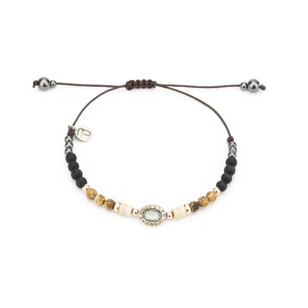 MA-323 PULSERA PLATA MACRAMÉ CALCEDONIA, CIRCONITA CAVA, JASPE, HEMATITES Y OBSIDIANA