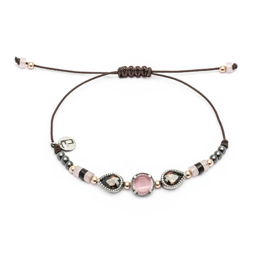 MA-375 PULSERA PLATA MACRAMÉ OJO DE GATO MORADO, CIRCONITA BROWN, HEMATITES