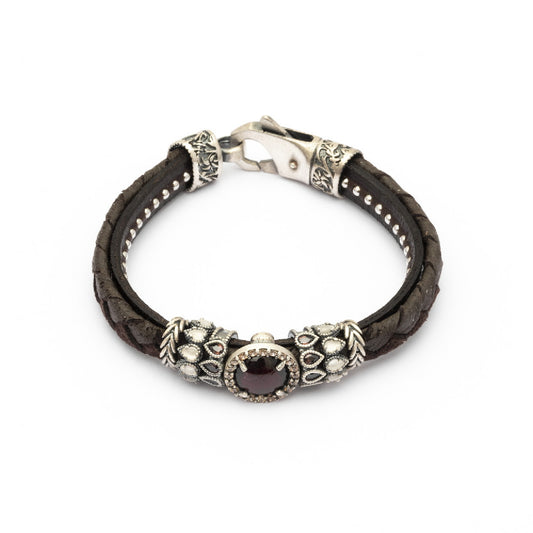 MOK-01 PULSERA CUERO PLATA GRANATE, OJO DE GATO BLANCO Y CIRCONITAS CAVA, BROWN.