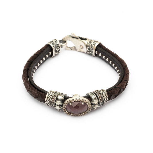 MOK-05 PULSERA CUERO PLATA OJO DE GATO MORADO, OJO DE GATO BLANCO Y CIRCONITAS BROWN, CAVA.
