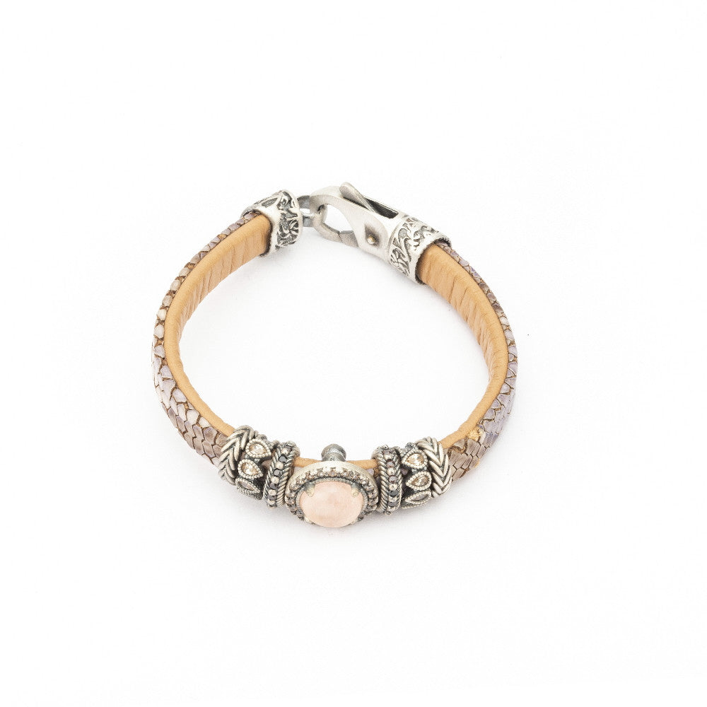 MOK-19 PULSERA CUERO PLATA CUARZO ROSA, CIRCONITA CAVA Y BROWN