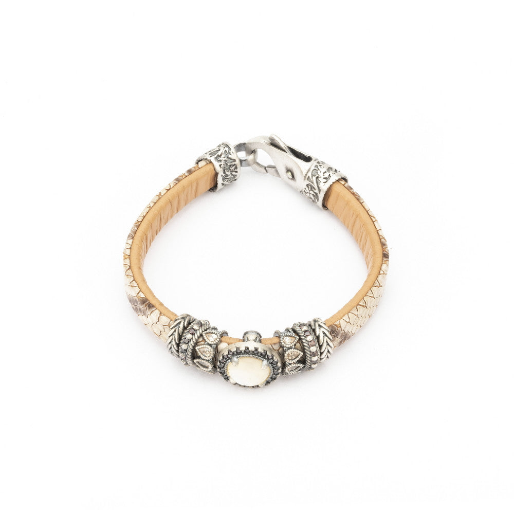 MOK-20 PULSERA CUERO PLATA NÁCAR, CIRCONITA BROWN Y CAVA