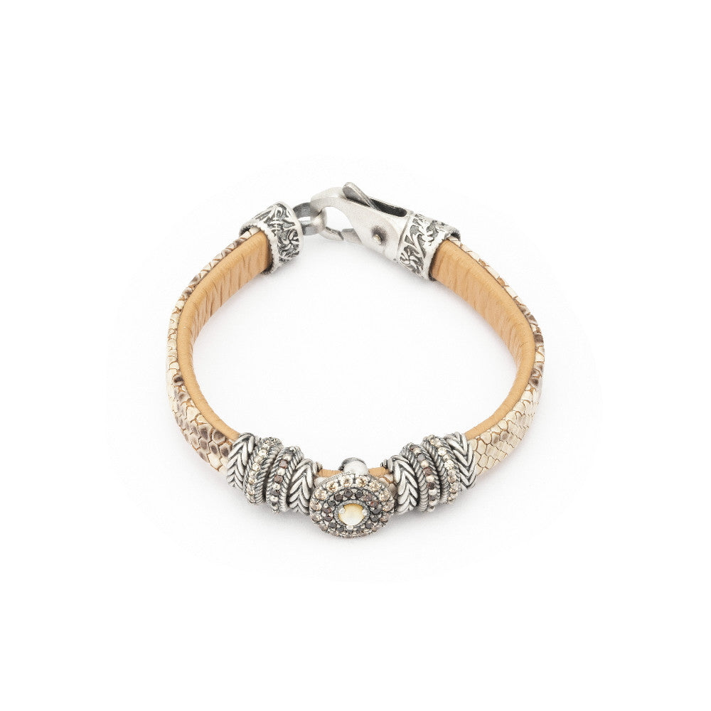 MOK-24 PULSERA CUERO PLATA NÁCAR, CIRCONITA BROWN, CAVA Y VERDE