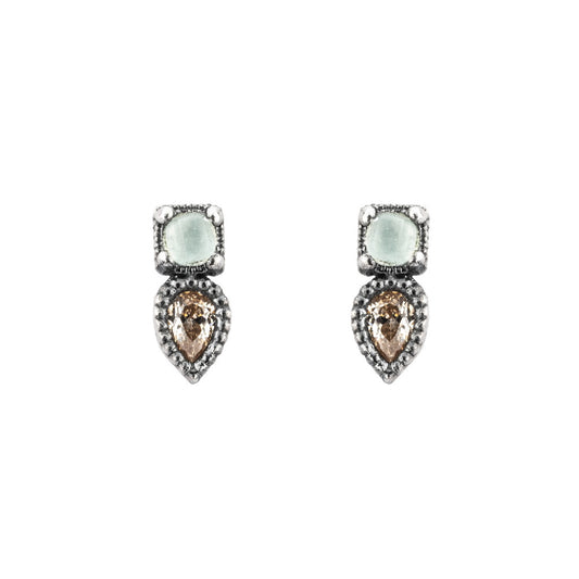 P591 PENDIENTES BOTON PLATA CALCEDONIA VERDE Y CIRCONITA CAVA.
