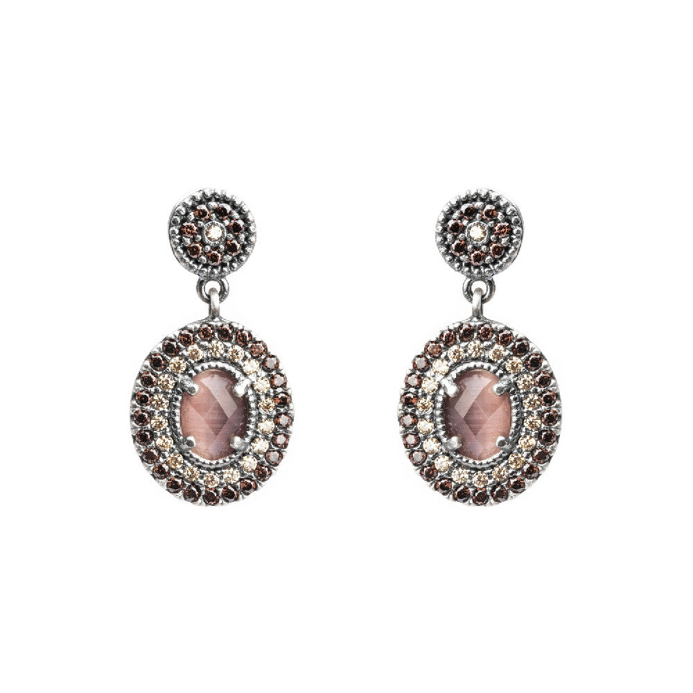 P625 PENDIENTES PLATA OJO DE GATO MORADO Y ORLA CIRCONITA CAVA, BROWN