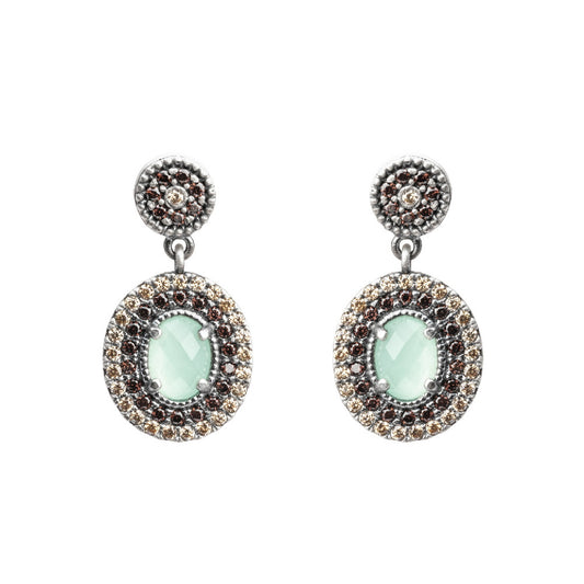 P626 PENDIENTES PLATA CALCEDONIA VERDE Y ORLA CIRCONITA BROWN, CAVA.