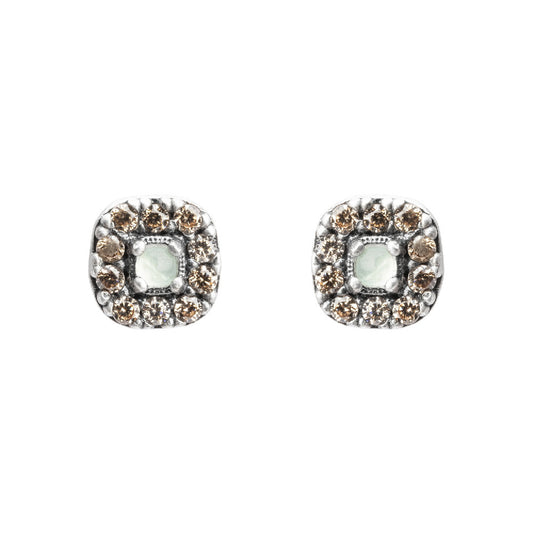 P672 PENDIENTES BOTÓN DE PLATA CALCEDONIA VERDE Y ORLA CIRCONITA CAVA.