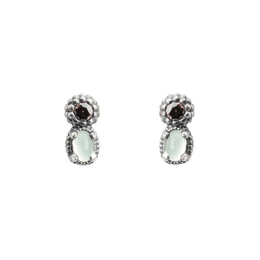 P698 PENDIENTES BOTÓN DE PLATA CALCEDONIA VERDE, CIRCONITA BROWN.