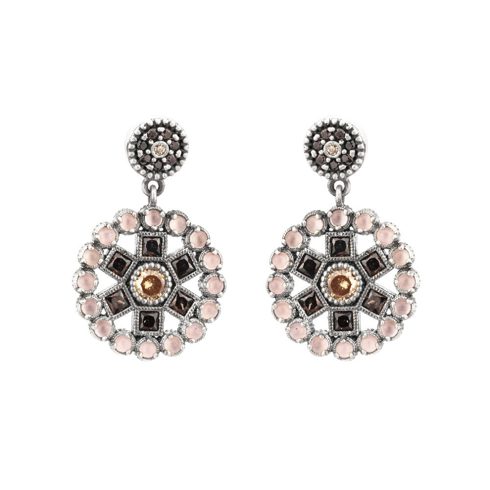 P720 PENDIENTES PLATA OJO DE GATO ROSA, CIRCONITA BROWN Y CAVA