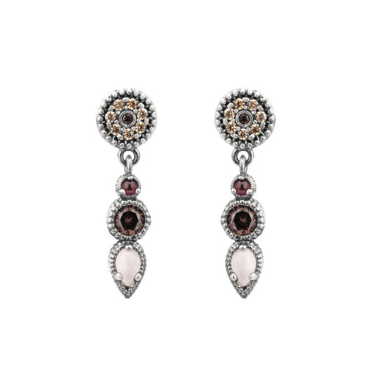 P737 PENDIENTES PLATA OJO DE GATO ROSA, GRANATE Y CIRCONITA BROWN