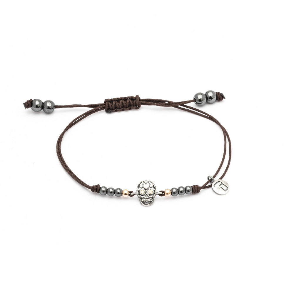 Pulsera plata macramé calavera